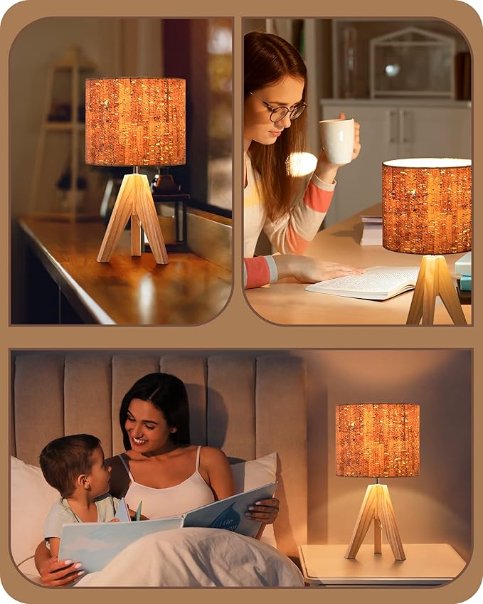 EDISHINE Small Table Lamp, Wooden Tripod Nightstand Lamp with Bark Linen Shade, Farmhouse Bedside Lamp for Nursery, Bedroom, Kids Room, Office, Reading Desk, 14.2 Inch, E26 Socket, ON/Off Switch - Bloomnest
