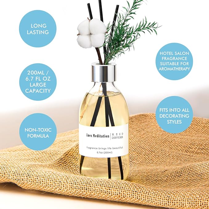 Clesh Reed Diffuser Set, 6.7 oz Linen Scented Diffuser with Sticks, Home Fragrance Reed Diffuser for Bathroom Shelf Decor, Linen Meditation - Bloomnest