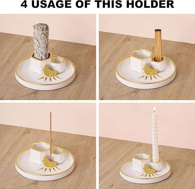 Ceramic Incense Holder Burner, Sage Holder for Burning, Palo Santo Sticks Holder, 5.51" Ash Catch Tray, Smudge Dish for Meditation Yoga, Modern Home Decor Gift - Bloomnest