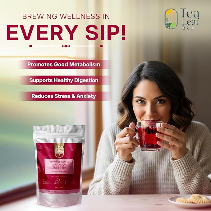 Tealeaf & Co. Sweet Hibiscus Cinnamon Green Tea with Hibiscus, Cinnamon, Stevia & Clove - Green Tea Bags with Fresh Herbs and Spices (Low Caffeine) - 100 Teabags - Bloomnest