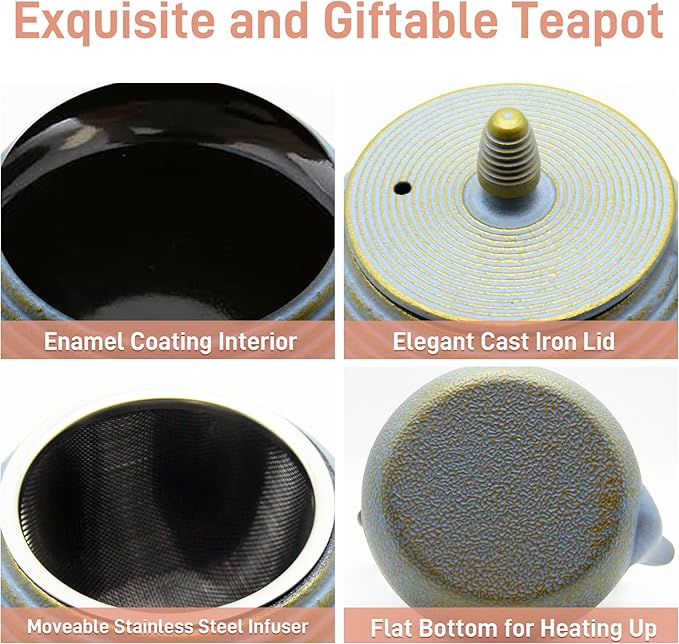 Teapot with Stainless Steel Infuser for Loose Tea, Cast Iron Tea Kettle for Stovetop Safe, Cast Iron Teapot Coated with Enameled Interior(33.8oz/1000ml)