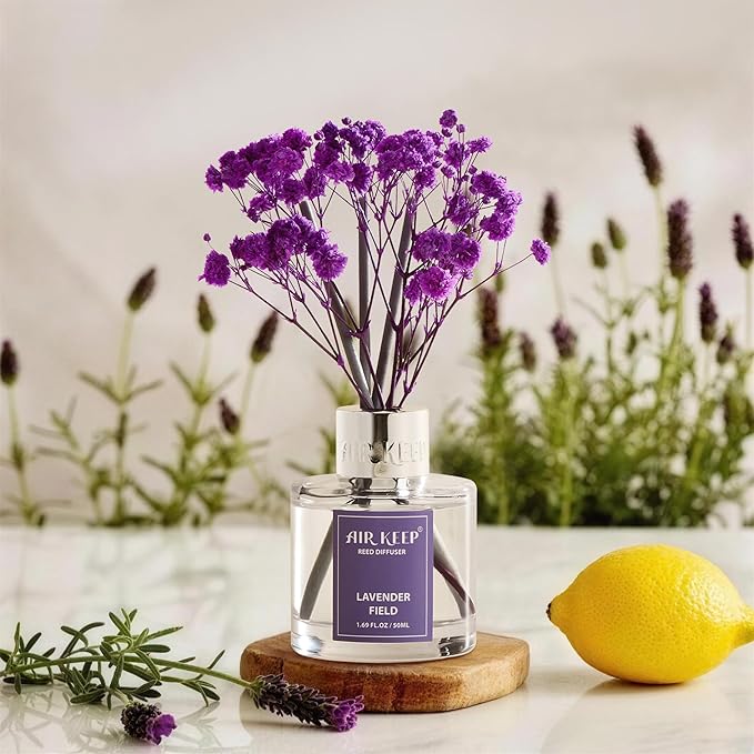 Airkeep Reed Diffuser Set,1.69 fl oz (50 ml) - Lavender Field Oil Diffusers with 8 Reed Sticks,Home Fragrance Reed Diffuser for Bathroom Shelf Decor - Bloomnest