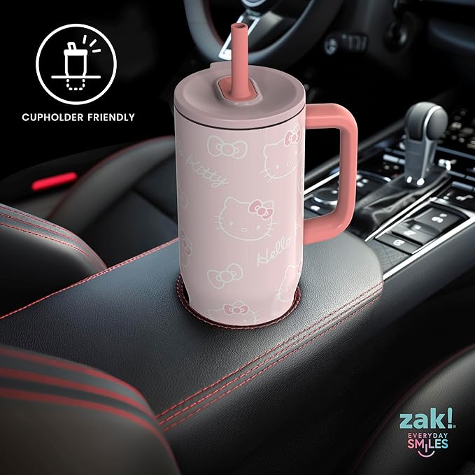 Zak Designs Sanrio Sutton Travel Tumbler for On the Go, 30oz Stainless Steel with Vacuum Insulation, Silicone Straw, and Carry Handle for Cold Drinks (Hello Kitty) - Bloomnest