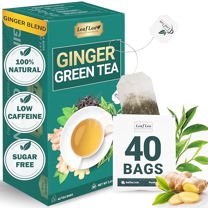 LeafLea Ginger Green Tea, 40 Individually Wrapped Tea Bags of Soothing Green Tea Blend with Natural Ginger Root, Sweetened with Stevia, Supports Digestion and Immunity, Low Caffeine, Sugar-Free - Bloomnest