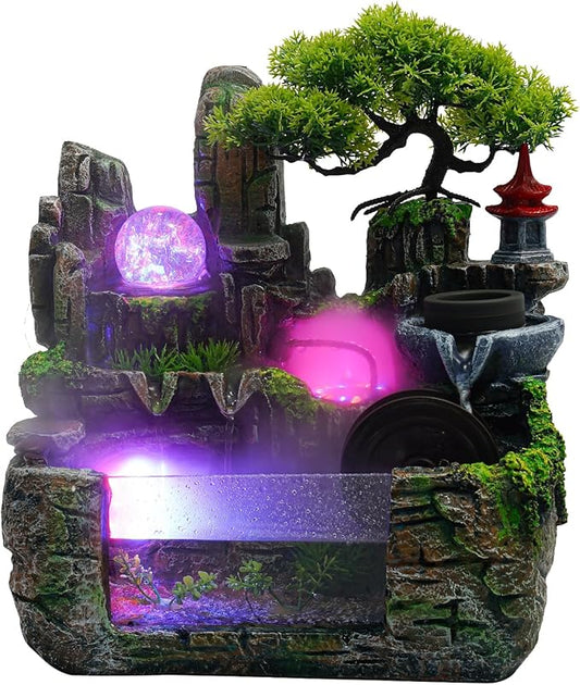 Tabletop Water fountainRockery Tabletop Fountain Indoor Waterfall with an Atomizer Elaxation Water Feature Meditation with LED Light for Desktop Home Office Decor