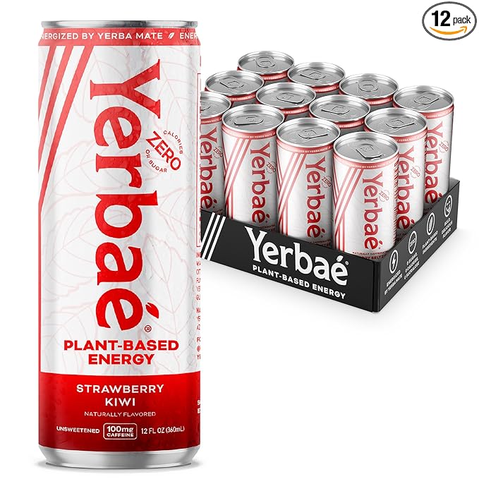 Yerbaé Energy Seltzer - Strawberry Kiwi, No Sugar/Calories/Carbs. Energized by Yerba Mate, Naturally Caffeinated Plant-Based, Healthy Alternative to Coffee/Sugary Sodas, Pack of 12, 12oz cans - Bloomnest