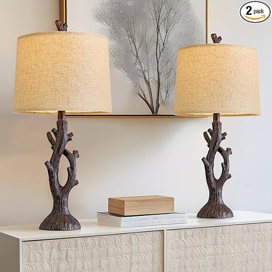 OYEARS 25" Farmhouse Table Lamp Set of 2 for Living Room Bedroom Resin Bedside Tree Lamp Nightstand End Table Lamps Vintage Natural Style - Bloomnest