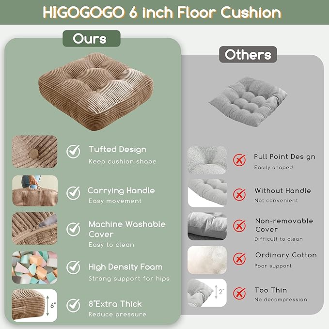 6" Washable Floor Pillow Cushion for Adults, Meditation Cushion Pillow, Large Square Floor Sitting, Removable Tufted Corduroy Cover, for Tatami Living Room or Yoga, 22x22 Inch, Machine Washable - Bloomnest