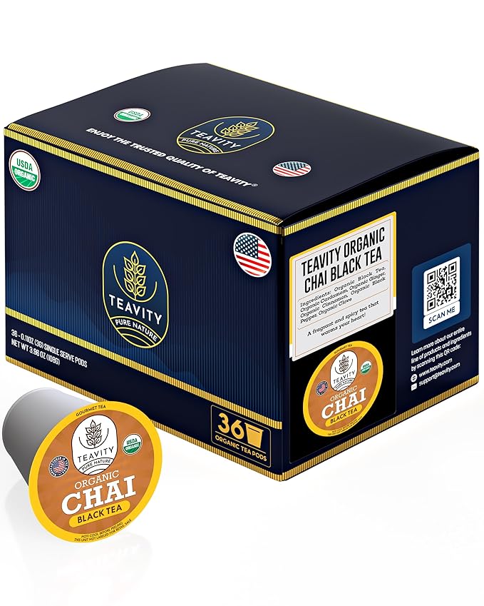 Organic Chai Black Tea Pods for Keurig Naturally Caffeinated by Teavity (36 Tea Pods) - Bloomnest