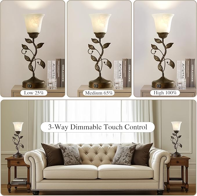 RORIANO Set of 2 Touch Farmhouse Bedroom Table Lamps, Nightstand Vintage Flower Lamps with 2 USB Ports, 3 Way Dimmable Leaf Lamp for Living Room with White Glass Shades, Bulbs Included - Bloomnest