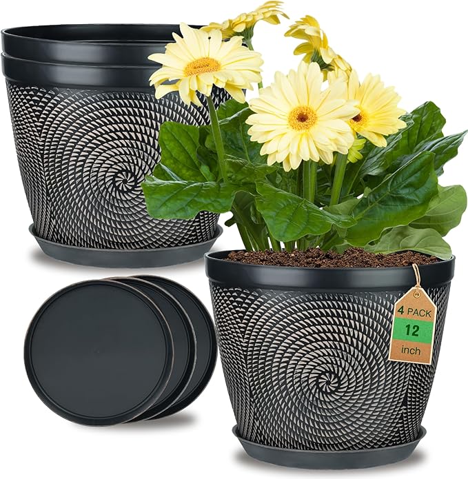 Quarut 12 Inch 4 Pack Large Plant Pots, Plastic Flower Pot for Indoor & Outdoor with Drainage Holes & Saucer, Circle Pattern Planters Garden Pots for Herbs - Bloomnest
