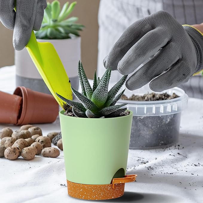 4 inch Small Plant Pots for Outdoor Indoor Plants, 5 Pack Planters with Drainage Holes and Tray, Small Self Watering Pots for Succulent,Cactus, Aloe and Other Plants (Green) - Bloomnest