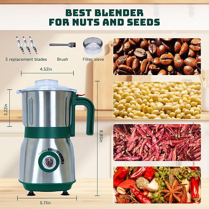 Electric Spice and Nut Grinders - 3 Stainless Steel Blades, 1 Filter, 1 Brush - 500W Grinder for Kitchen, Dry Use (Green) - Bloomnest