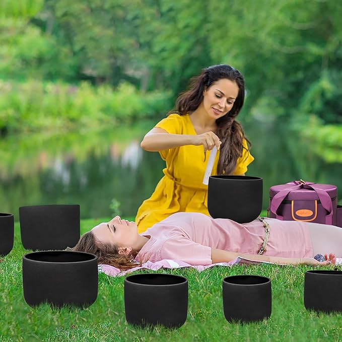 TOPFUND 6-12 inch Chakra Set of 7 Black Crystal Singing Bowls with Heavy Duty Carrying Cases and Mallets - Bloomnest