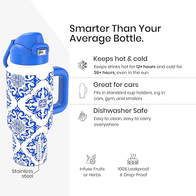Coldest Tumbler with Handle and Coffee Lid - 100% Spill Proof Tumbler with Straw (3 Lids) - Stainless Steel Insulated Leakproof Tumblers for Women & Men - Cup Holder Friendly - 24 oz (The European) - Bloomnest