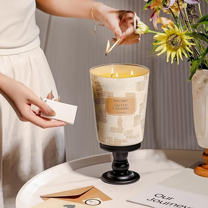 HomeLights Large jar Candle | 3-Wick Long-Lasting Scented Candles, 34oz Natural Soy Wax Candle for Home Scented, Rustic Modern Gifts for Women & Men, Salted Caramel - Bloomnest