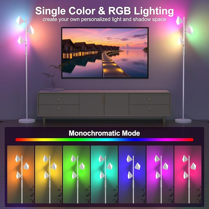 PARTPHONER RGB Tree Floor Lamp for Living Room, Stepless Dimmable Tall Standing Lamp with Remote, Touch Control and 3 Rotatable Light, Bright LED Lights for Bedroom with 4 Color-Changing, White - Bloomnest
