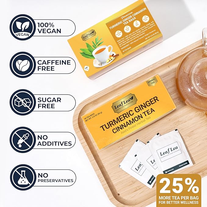 LeafLea Turmeric Tea with Ginger and Cinnamon, 80 Premium Turmeric Ginger Tea Bags, Supports Immune Health & Digestion, 100% Natural & Pure Blend Herbal Tea, Caffeine-Free, No Sugar, Vegan - Bloomnest