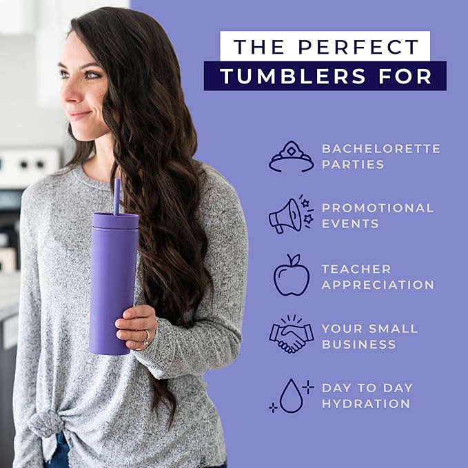 STRATA CUPS Purple Skinny Tumblers with Lids and Straws (12 pack) - 16oz Double Wall Acrylic Tumbler, Tall Matte Skinny Tumblers, Bulk with Free Straw Cleaner, Reusable Cups - Bloomnest