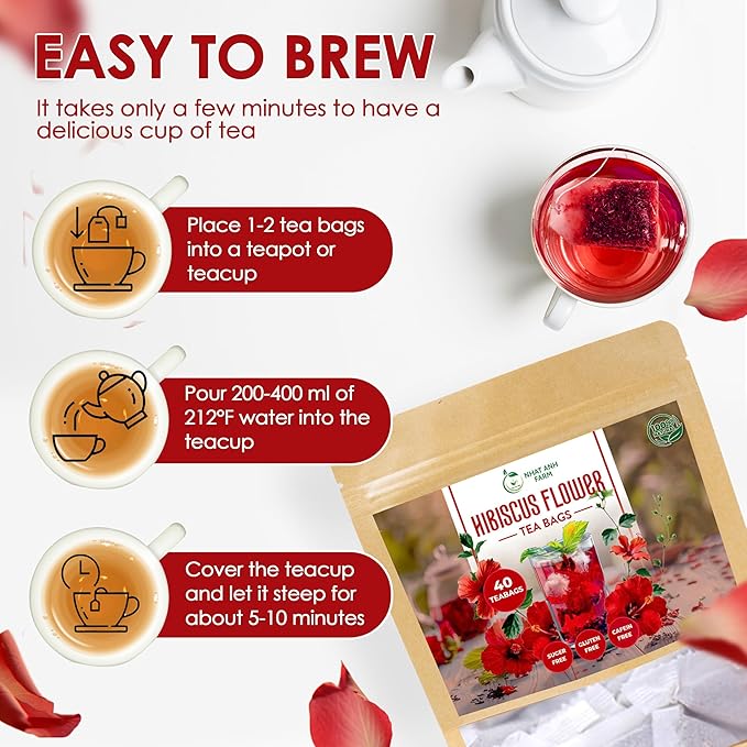 Premium Hibiscus Tea Bags - Dried Hibiscus Flower Tea Bags - 40 Teabags, 2.5g/bag), 100% Natural & Pure Hibiscus Flowers, Sugar/Caffeine/Gluten Free. Good For Your Health - Bloomnest