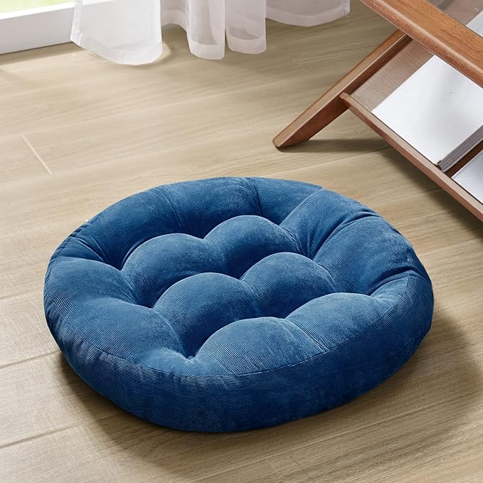 Degrees of Comfort Floor Cushion Pillow, Round Large Pillows Seating for Adults, Tufted Corduroy Floor Cushions for Living Room Tatami, Navy Blue, 22 Inch Single, 1 Count (Pack of 1)