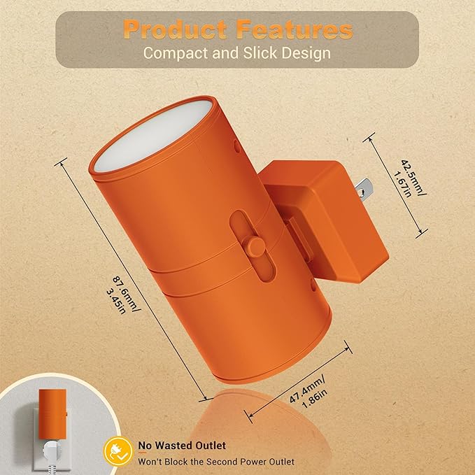 JandCase Night Lights Plug into Wall, Dimmable Night Light Plug in with Orange Shade, Modern Night Lights with Dusk to Dawn Sensor, Soft White 3000K, 0-100LM Nightlight for Hallway Bedroom, 2 Pack - Bloomnest