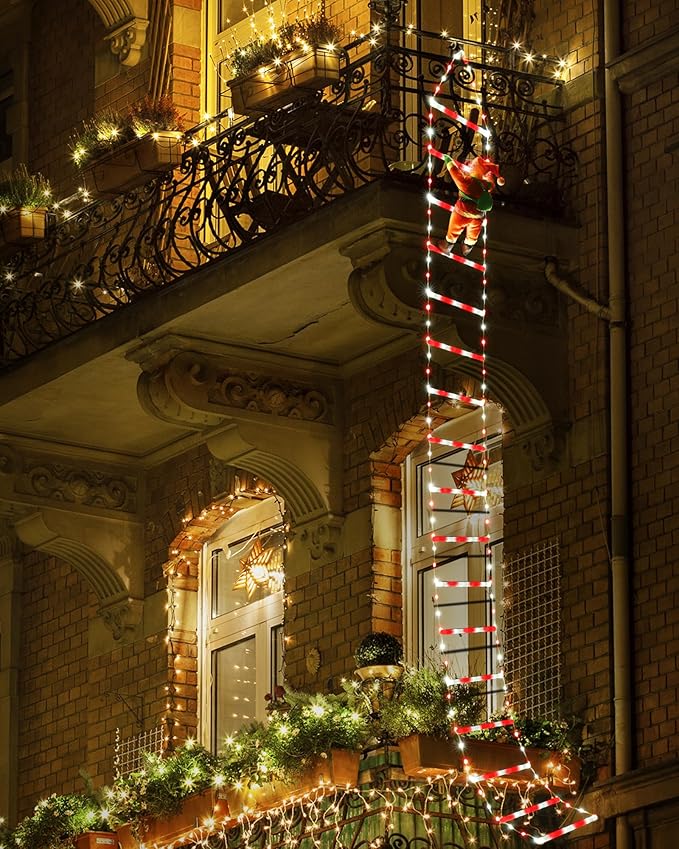 Toodour LED Christmas Lights - 10ft Christmas Decorative Ladder Lights with Santa Claus, Xmas Decorations Light for Indoor Outdoor, Window, Garden, Home, Wall, Xmas Tree Decor - White & Red - Bloomnest