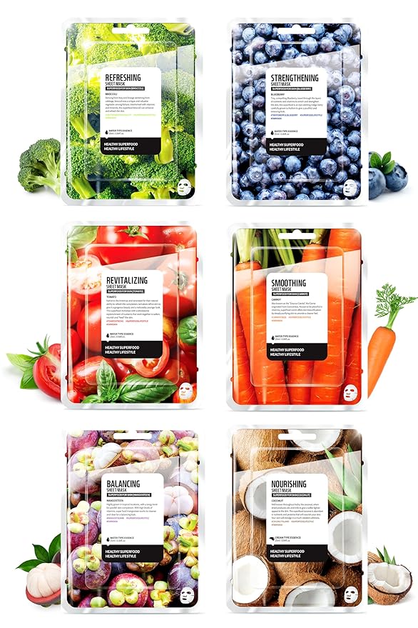 FARMSKIN Superfood Salad Sheet Mask Set of 6 | Korean Face Mask Sheets w/Mangosteen, Broccoli, Carrot, Coconut, Blueberry & Tomato | Refreshing, Nourishing & Cruelty-Free Face Mask Skincare Set - Bloomnest