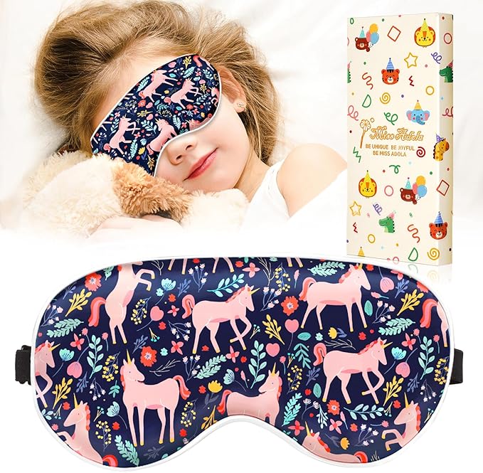 Sleep Mask for Kids - Cute Kawaii Cartoon Silk Sleeping Mask with Adjustable Strap Soft Smooth Light Eye Mask for Sleeping Silk Kids Eye Cover for Boys Girls Teens, BU Wildflower Unicorn - Bloomnest