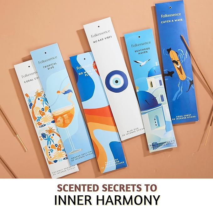 Folkulture Incense Sticks | Set of 6 Insenses (120 Sticks) with 45 Mins Burn Time | Orange Zest, Blue Oud, Aqua Crest, Coconut Paradise | Organic Mediterranean Fig Inscents, Non-Toxic Inscents-Sticks - Bloomnest
