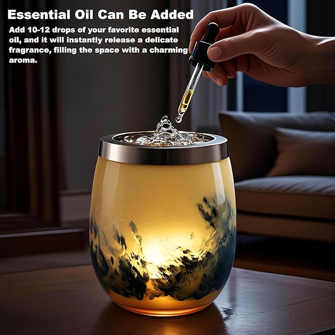 VOREEN Handblown Glass Tabletop Fountain - Art Glass Water Feature with Gentle Ambient Glow - Optional Aromatherapy for Home, Spa, Office Décor - Yellow - Bloomnest
