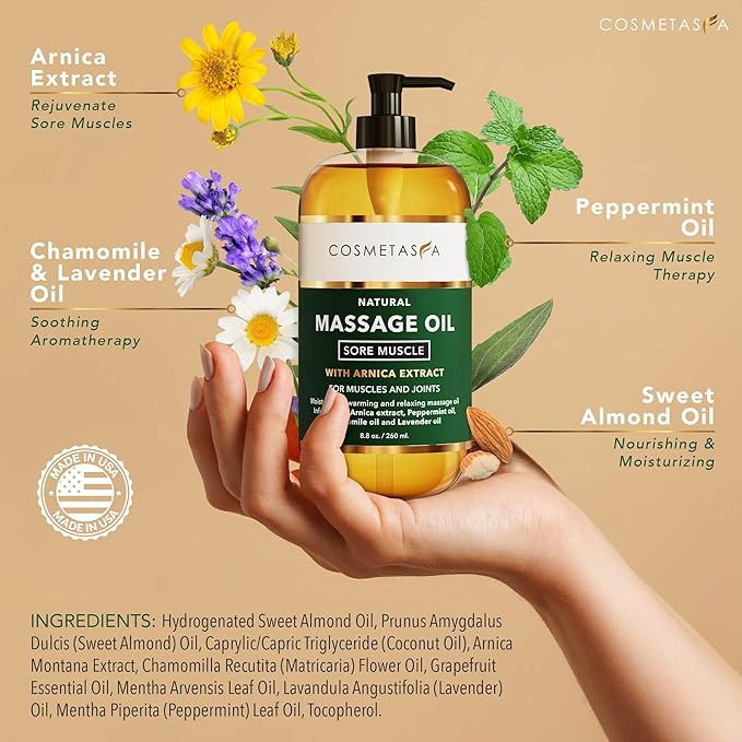 Cosmetasa Sore Muscle Massage Oil with Deep Tissue Massager - Thumb Saver and Oil Soothes Muscle and Joint with Arnica Extract, Peppermint, Chamomile, and Lavender Oil 8.8 Fl Oz - Bloomnest