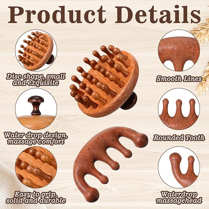 Trinkrittey 2 Pack Wooden Scalp Massager Comb Wooden Hair Brush Head Gua Sha Brush Hair Scrubber Portable Handheld Hairs Growth Tool for Women Men Hairs Growth Stress Relief Spa Bloomnest