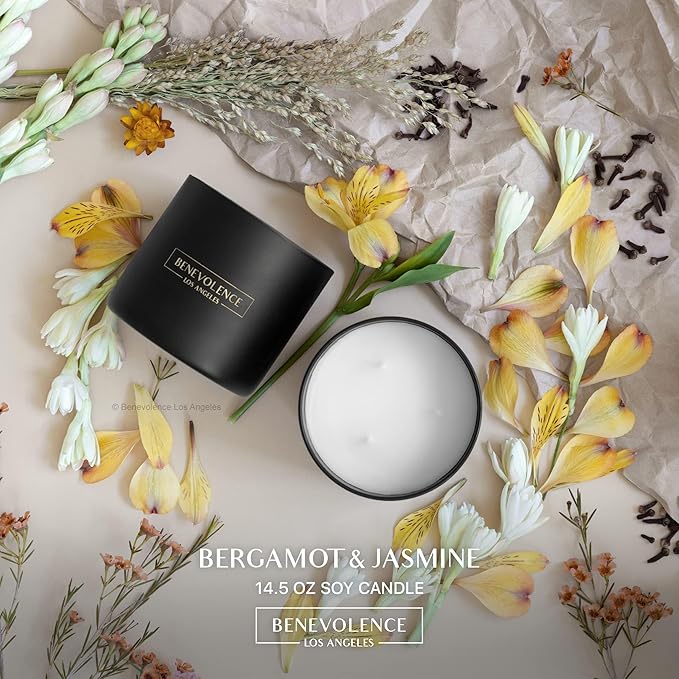 Benevolence LA 3 Wick Candle, Bergamot & Jasmine Large Christmas Scented Candles | Soy Candles | Holiday Candle Gifts for Women and Men | Home Fragrance | Aromatherapy | 14.5 Oz, 45 Hour Burn - Bloomnest