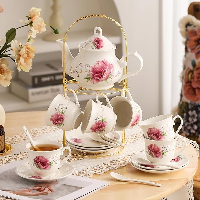 20-Pieces Tea Set For Adult with Golden Metal Rack,Porcelain Tea Sets For Women,Tea Gift Sets for Home&Party(015) - Bloomnest