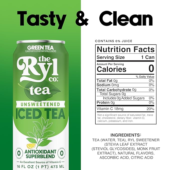 Ryl Iced Tea, Unsweetened Green Tea, Antioxidant Superblend, Zero Sugar, Zero Carb, Zero Calorie Iced Tea, 16.0 Fl Oz (12-Pack) - Bloomnest