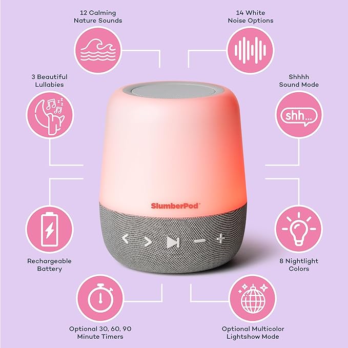 SlumberPod SlumberCalm 2-in-1 Sound Machine with Light for Kids | Baby Sleep Soother | White Noise Machine Baby | Nature Sounds | 8 Night Light Colors | Sound Machine | Rechargeable - Bloomnest
