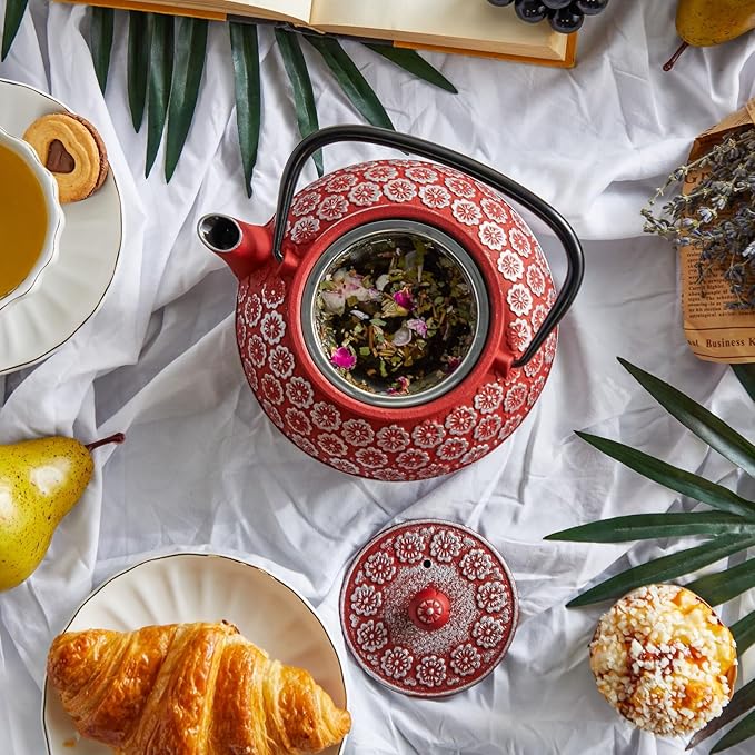 Juvale Red Floral Cast Iron Teapot Kettle - Superior Heat Retention & Stovetop Tea Kettle - Built-In Infuser & Loose Leaf Tea Pot - Red, 34 oz