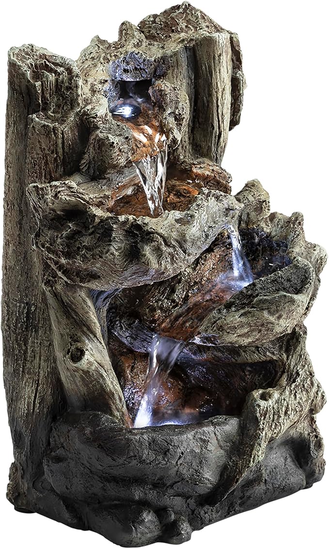Alpine Corporation | 14"H Indoor Tiered Log Tabletop Fountain with LED Lights — Cascading Waterfall Design Creates Relaxing Ambiance for Home & Office Décor - Bloomnest