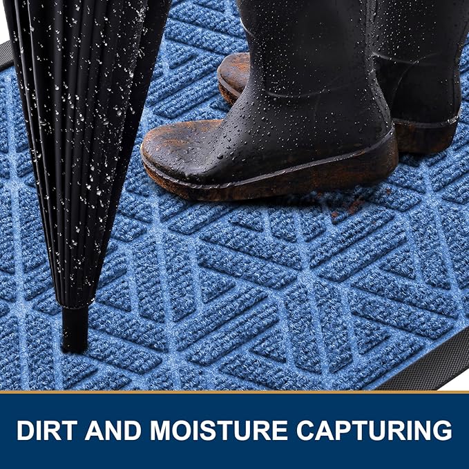 Smiry Front Door Mat Outside Entrance, Heavy Duty Sturdy Natural Rubber Doormat, Trap Dirt and Moisture, Easy Clean Low Profile Mats for Indoor Outdoor Entry, Grid Geometric (36x24, Blue) - Bloomnest