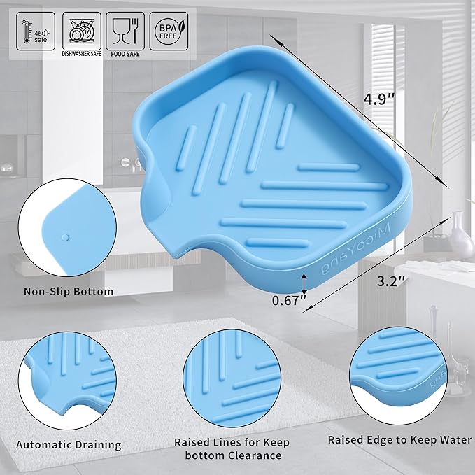 Silicone Bathroom Soap Dishes with Drain Spout-Bathroom and Kitchen Sink Organizer,Sponge Holder,Dish Soap Tray,Perfect for Dispenser,Scrubber,Bottle on Sink or Counter-Light Blue 4.9"×3.2" - Bloomnest