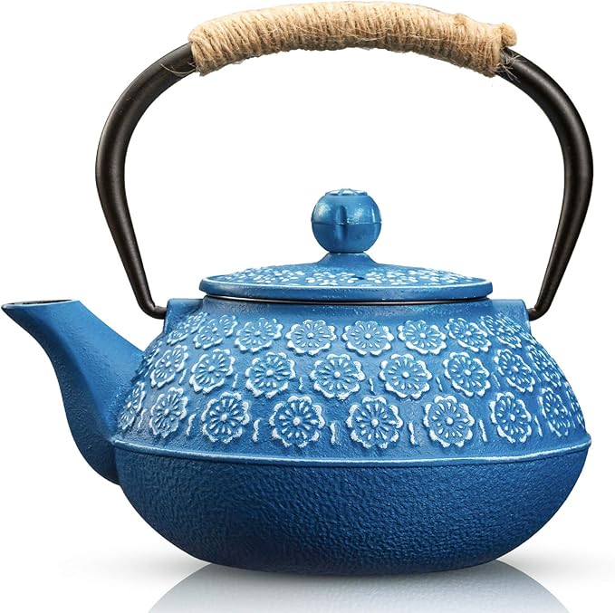 Sotya Cast Iron Teapot, 30oz/900ml Japanese Tetsubin Tea Pot with Infuser for Loose Leaf and Tea Bags, Tea Kettle Coated with Enameled Interior for Stove Top, Dark Blue - Bloomnest
