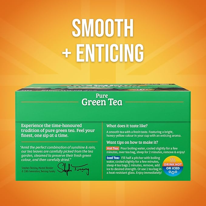 Twinings Pure Green Tea Individually Wrapped Bags, 50 Count (Pack of 6), Smooth Flavour, Enticing Aroma, Caffeinated, Enjoy Hot or Iced, 300 Teabags - Bloomnest
