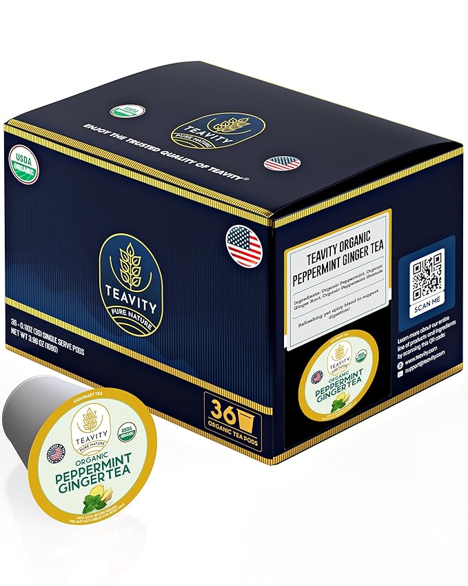 Organic Ginger Tea Pods for Keurig with Organic Peppermint Tea - Decaf Tea for K Cup Brewing Peppermint Ginger by Teavity (36 Tea Pods) - Bloomnest