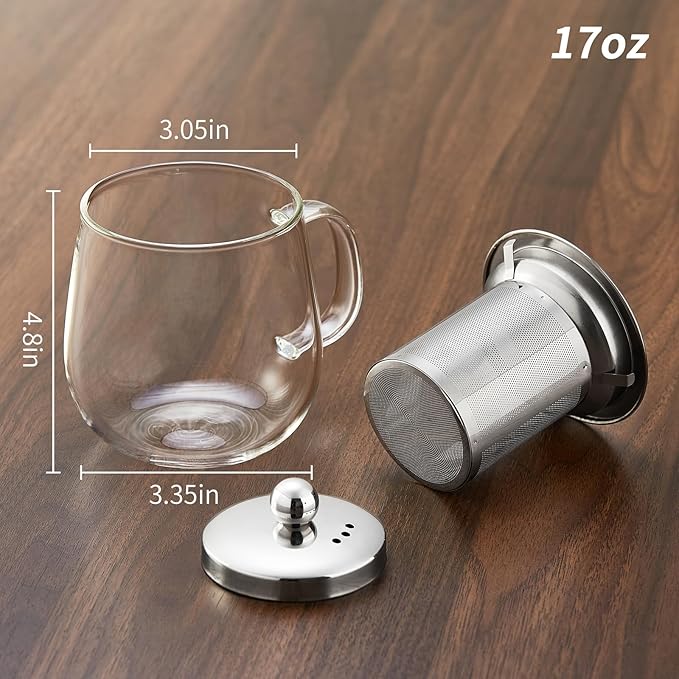 Glass Tea Cup with Infuser and Lid, 17.6oz/520ml Large Borosilicate Glass Teacup with Stailess Steel Filter, Clear Mug for Loose Leaf Blooming Tea, Dishwasher Safe - Tea Maker Gift - Bloomnest