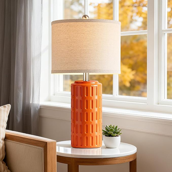 PARTPHONER 23" Farmhouse Modern Ceramic Table Lamp Set of 2 - Orange Bedside Lamps for Bedroom & Living Room, Nightstand, Desk, End Table - Bloomnest