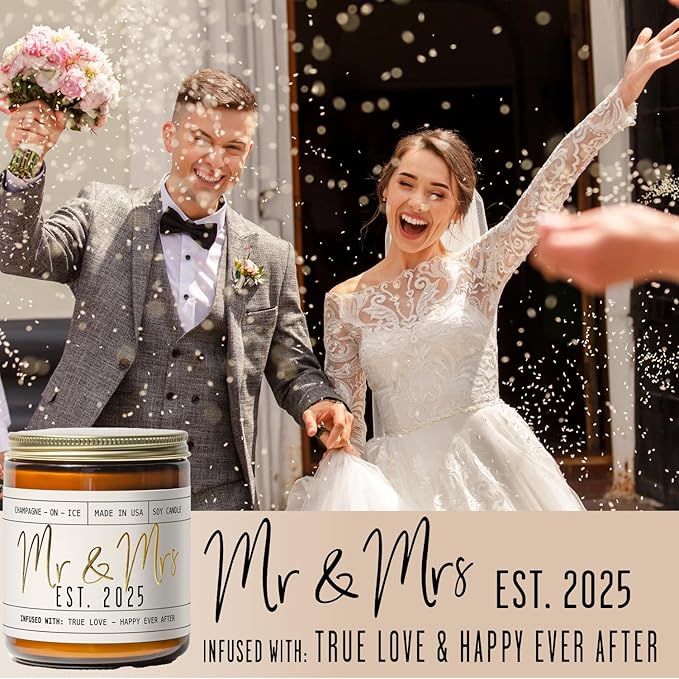 Wedding Gifts for Couples 2025, Bridal Shower Gifts from Bride - 'Mr & Mrs Est. 2025 Candle, w/Champagne on Ice I Wedding Shower for Newlyweds I 50Hr Burn, USA Made - Bloomnest
