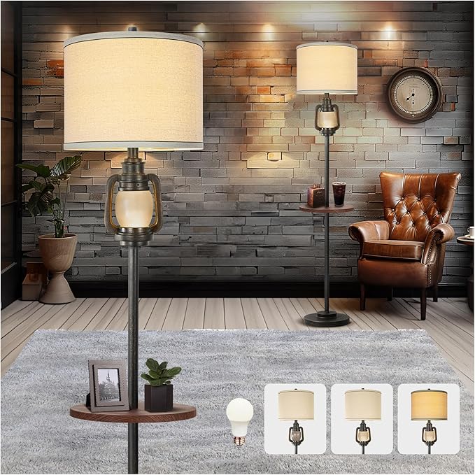 Farmhouse Lantern Floor Lamp with Tray for Living Room with Nightlight Vintage Tall Lamp with Linen Fabric Shade Industrial Standing Lamp for Bedroom Office Home House Study(Bulb Included) - Bloomnest