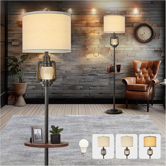 Farmhouse Lantern Floor Lamp with Tray for Living Room with Nightlight Vintage Tall Lamp with Linen Fabric Shade Industrial Standing Lamp for Bedroom Office Home House Study(Bulb Included) - Bloomnest