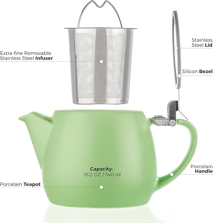 Tealyra - Pluto Porcelain Small Teapot Lime - 18.2-ounce (1-2 cups) - Matte Finish - Stainless Steel Lid and Extra-Fine Infuser To Brew Loose Leaf Tea - 540ml - Bloomnest